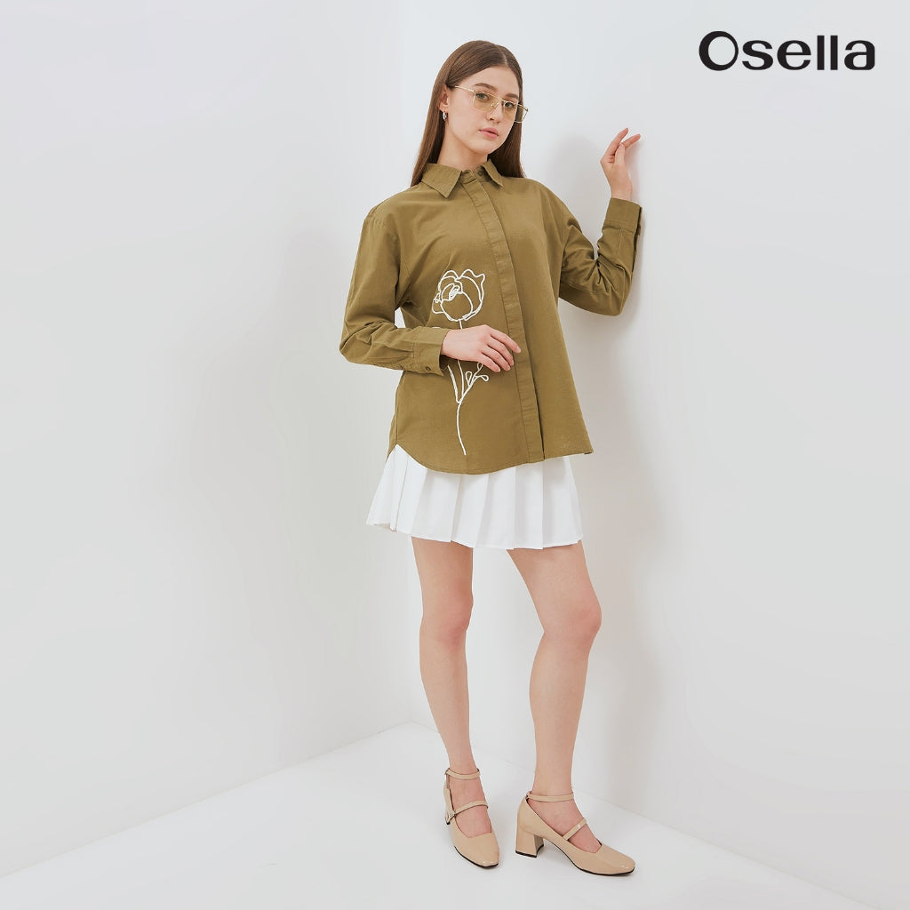 Osella Classic Shirt With Floral Embroidery 21376601 | Atasan Kemeja Linen Lengan Panjang Wanita