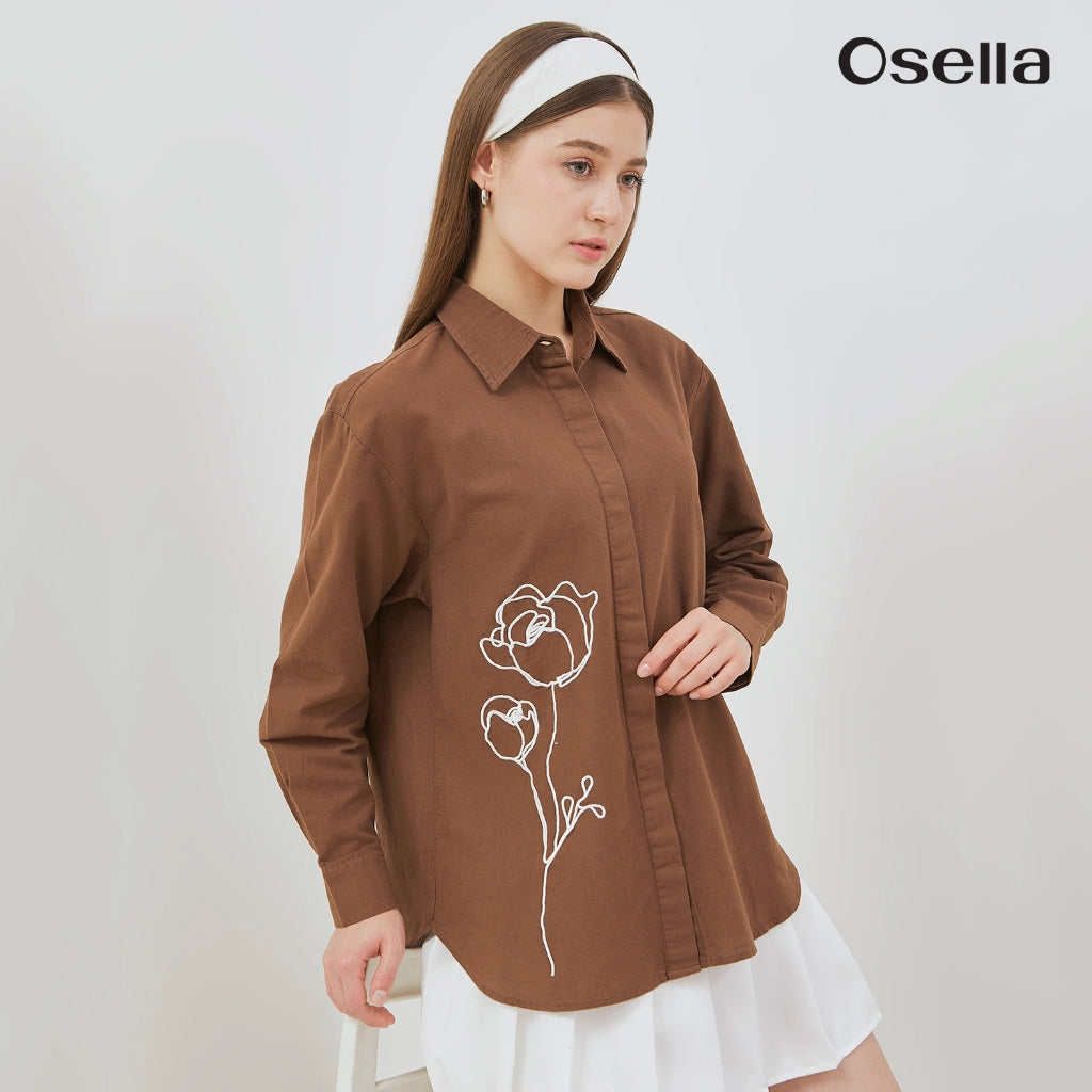 Osella Classic Shirt With Floral Embroidery 21376601 | Atasan Kemeja Linen Lengan Panjang Wanita