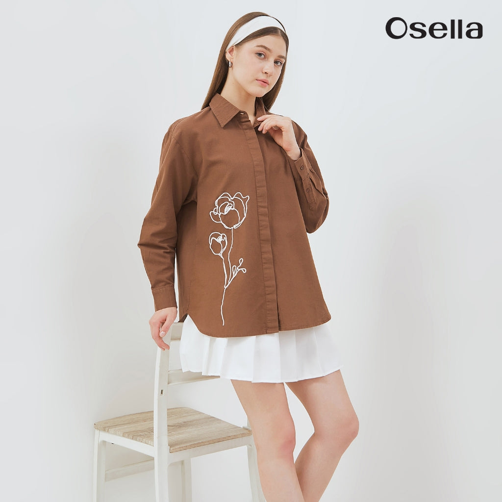Osella Classic Shirt With Floral Embroidery 21376601 | Atasan Kemeja Linen Lengan Panjang Wanita