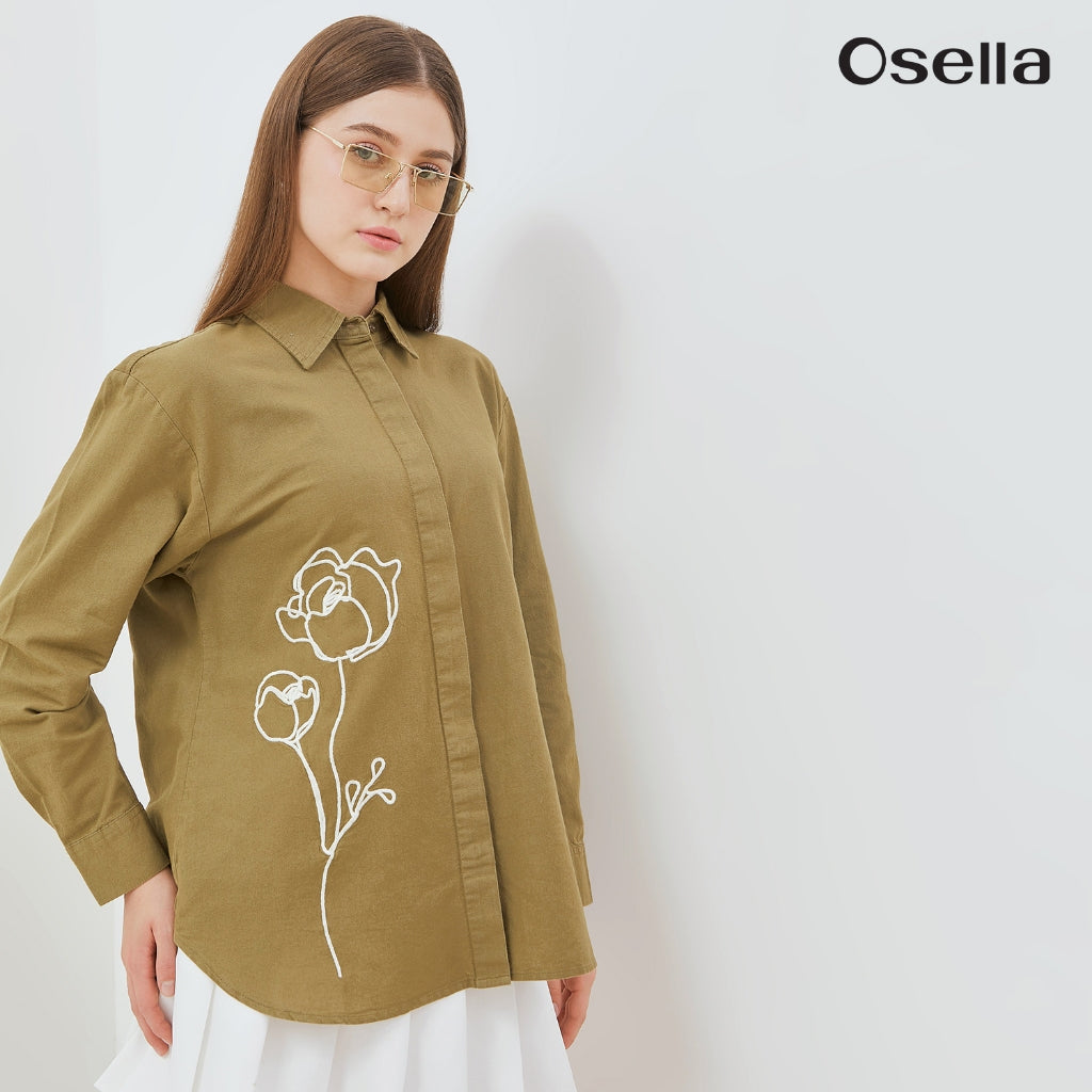 Osella Classic Shirt With Floral Embroidery 21376601 | Atasan Kemeja Linen Lengan Panjang Wanita