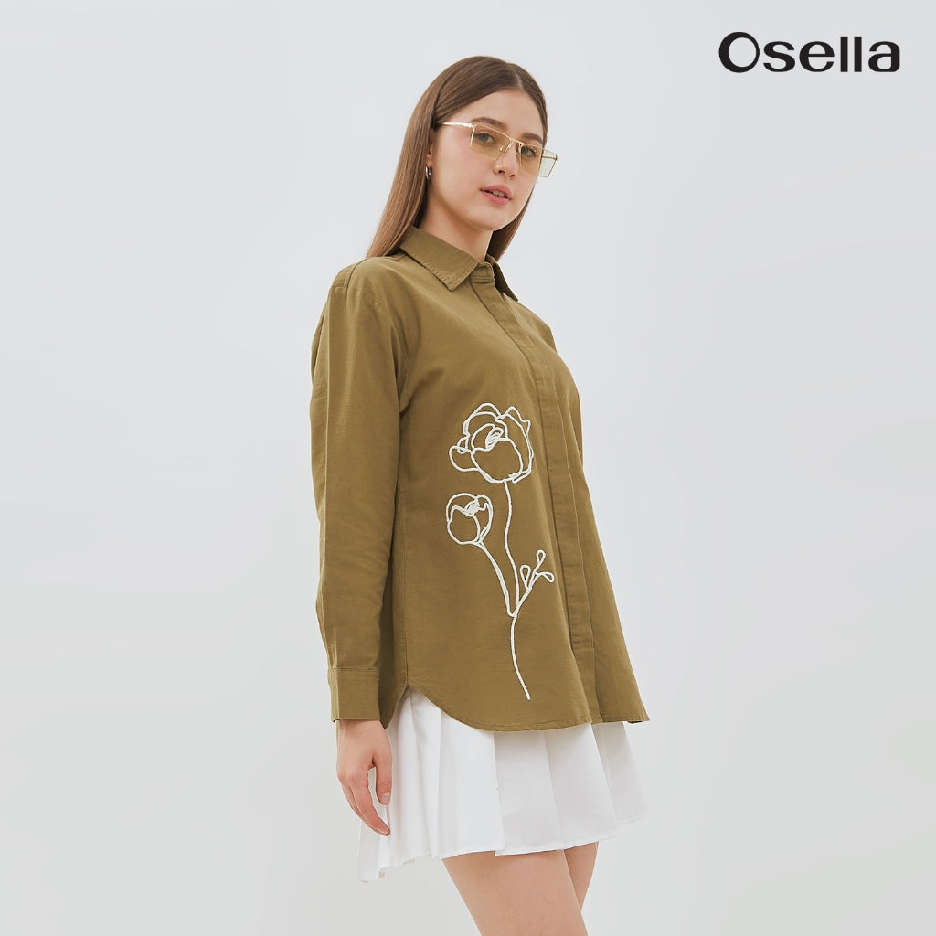 Osella Classic Shirt With Floral Embroidery 21376601 | Atasan Kemeja Linen Lengan Panjang Wanita