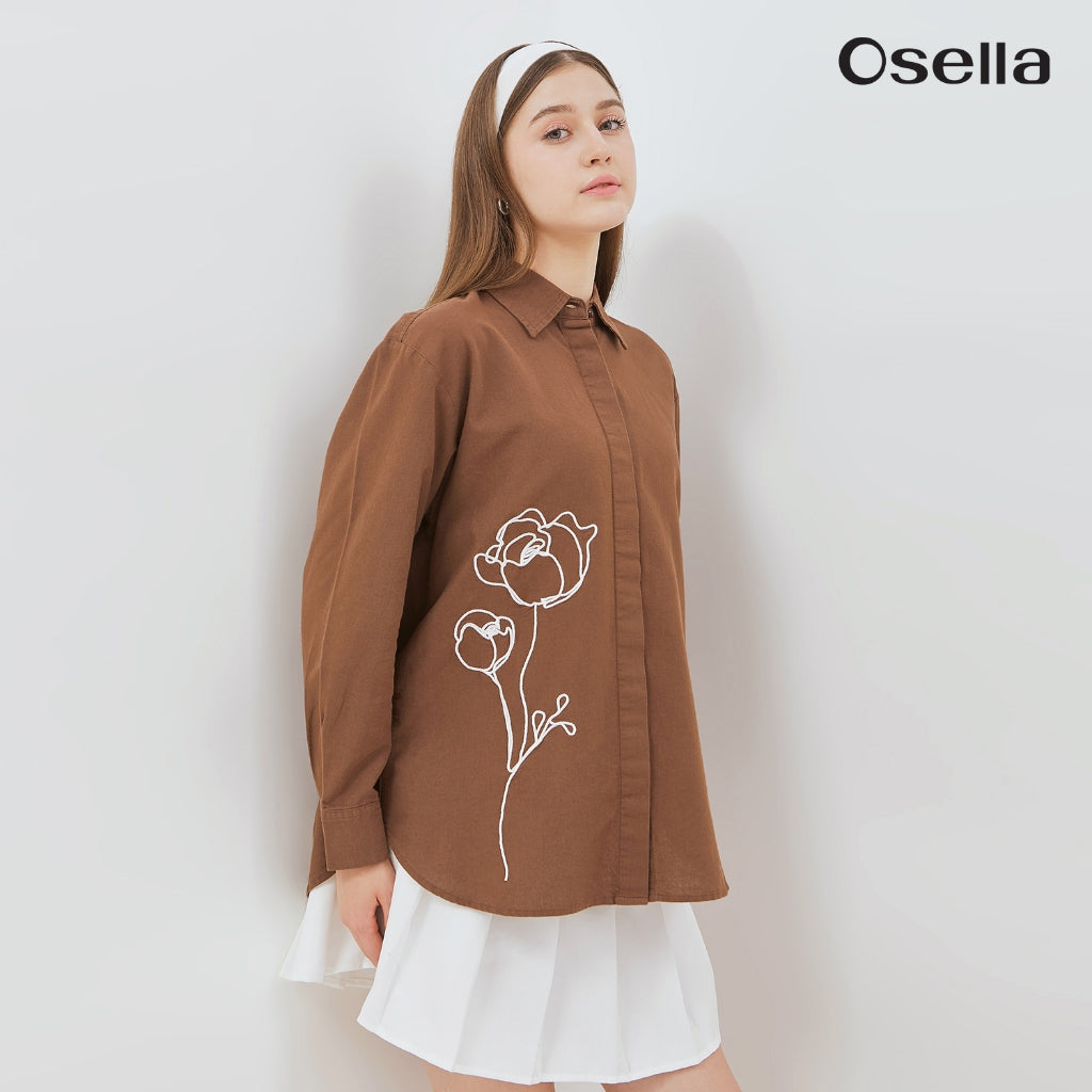 Osella Classic Shirt With Floral Embroidery 21376601 | Atasan Kemeja Linen Lengan Panjang Wanita