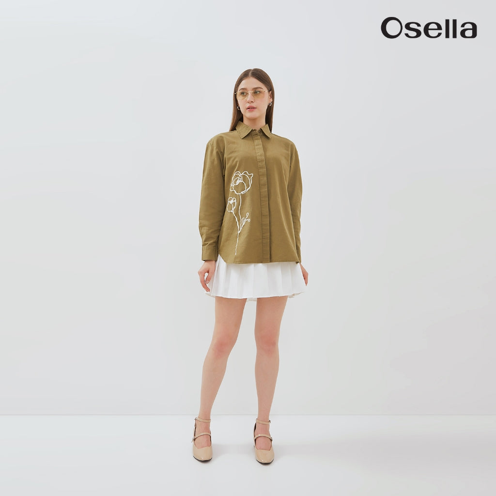 Osella Classic Shirt With Floral Embroidery 21376601 | Atasan Kemeja Linen Lengan Panjang Wanita