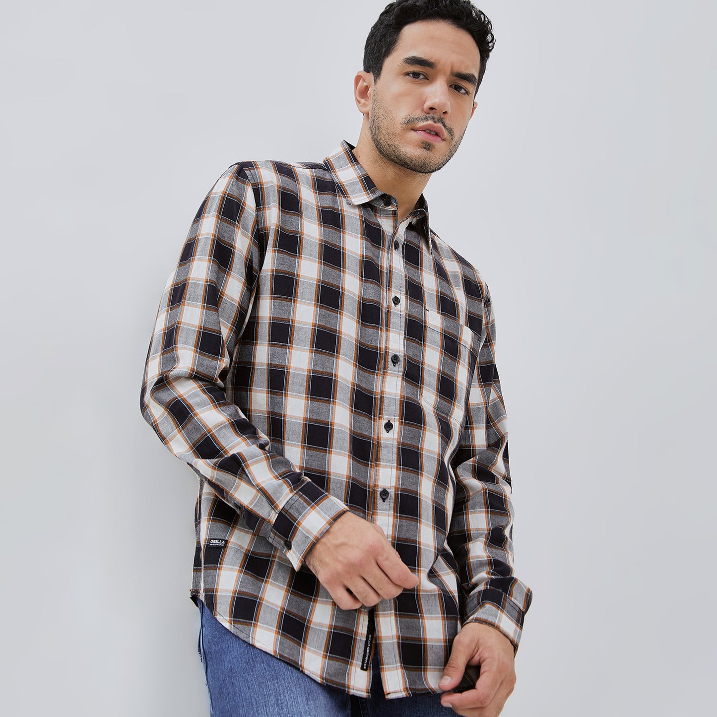 Osella Long Sleeve Checkered Shirt In Black, White And Dark Mustard Detailing 2037500143