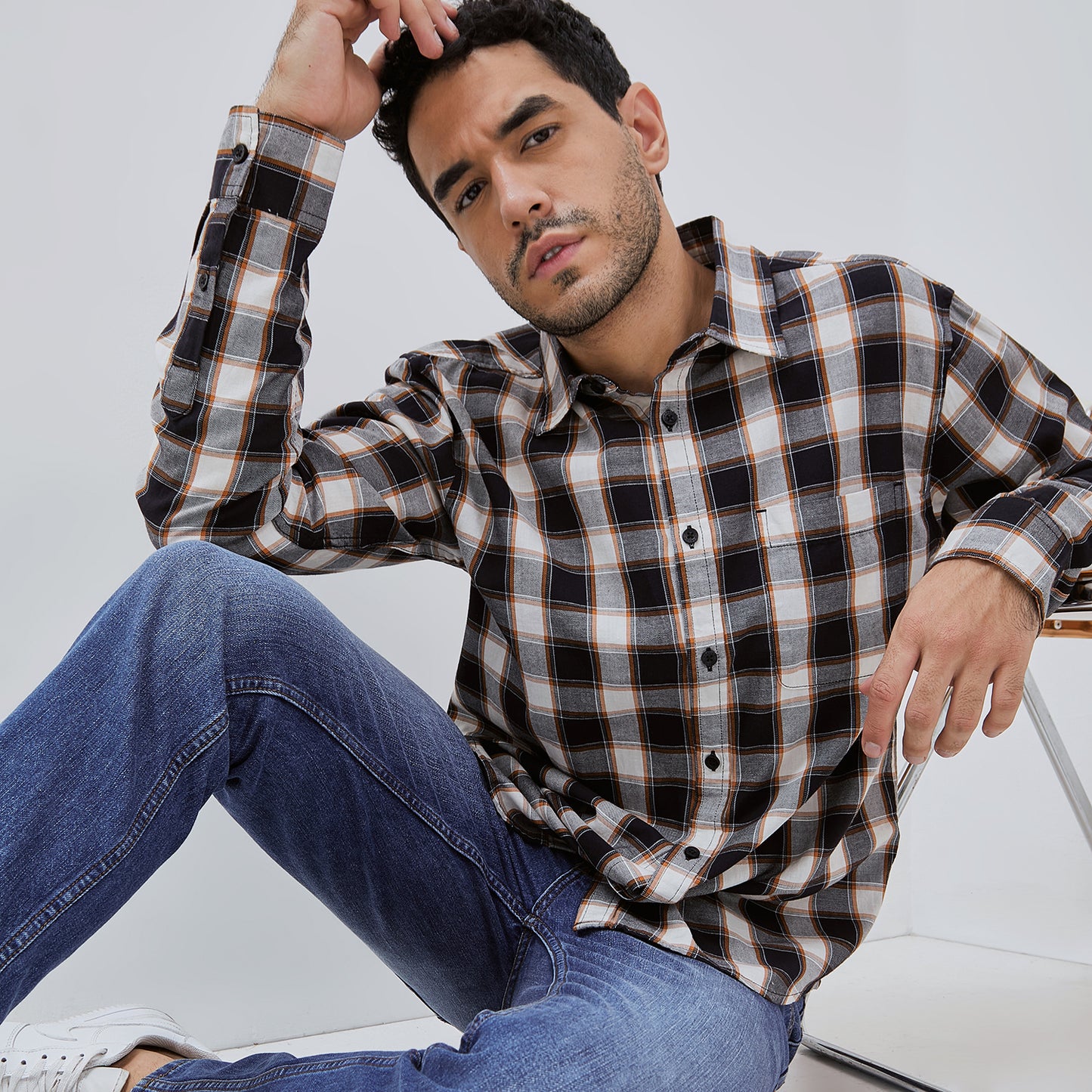 Osella Long Sleeve Checkered Shirt In Black, White And Dark Mustard Detailing 2037500143