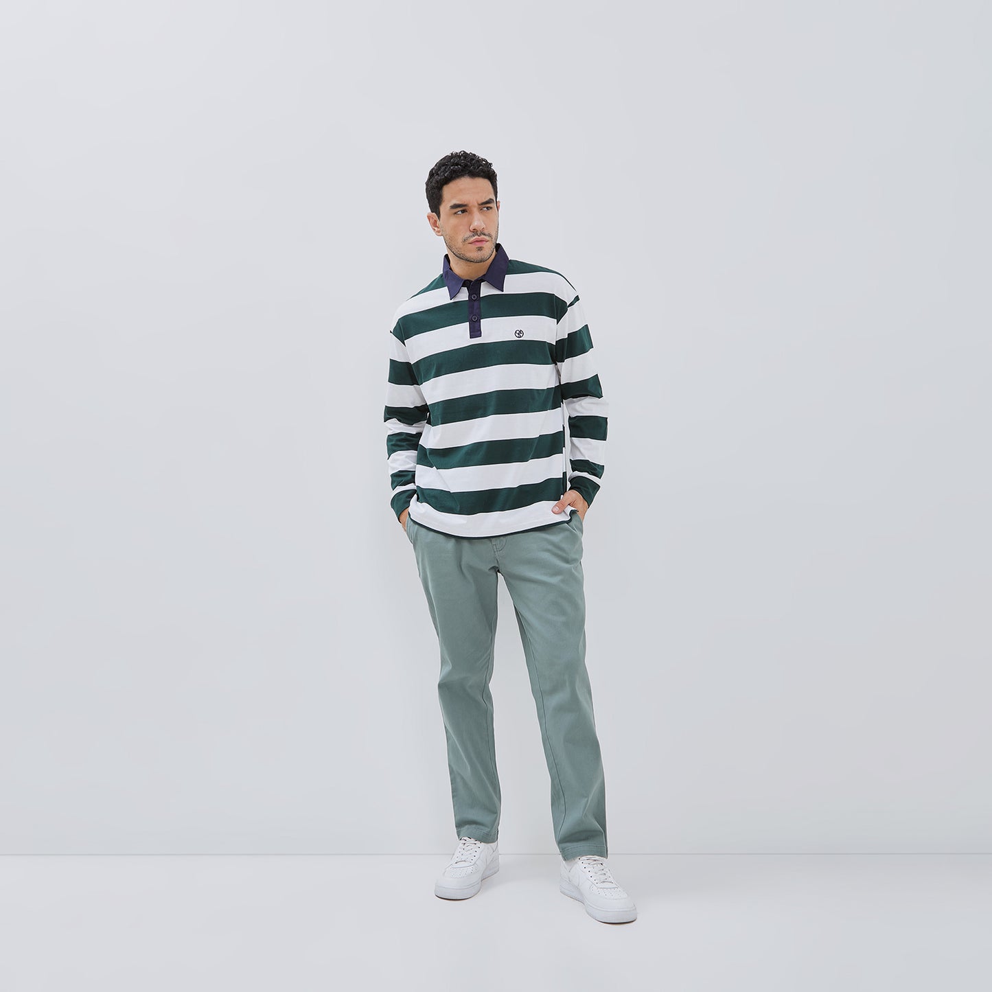 Osella Long Sleeve Polo Shirt With Contrast Collar in Bottle Green And White