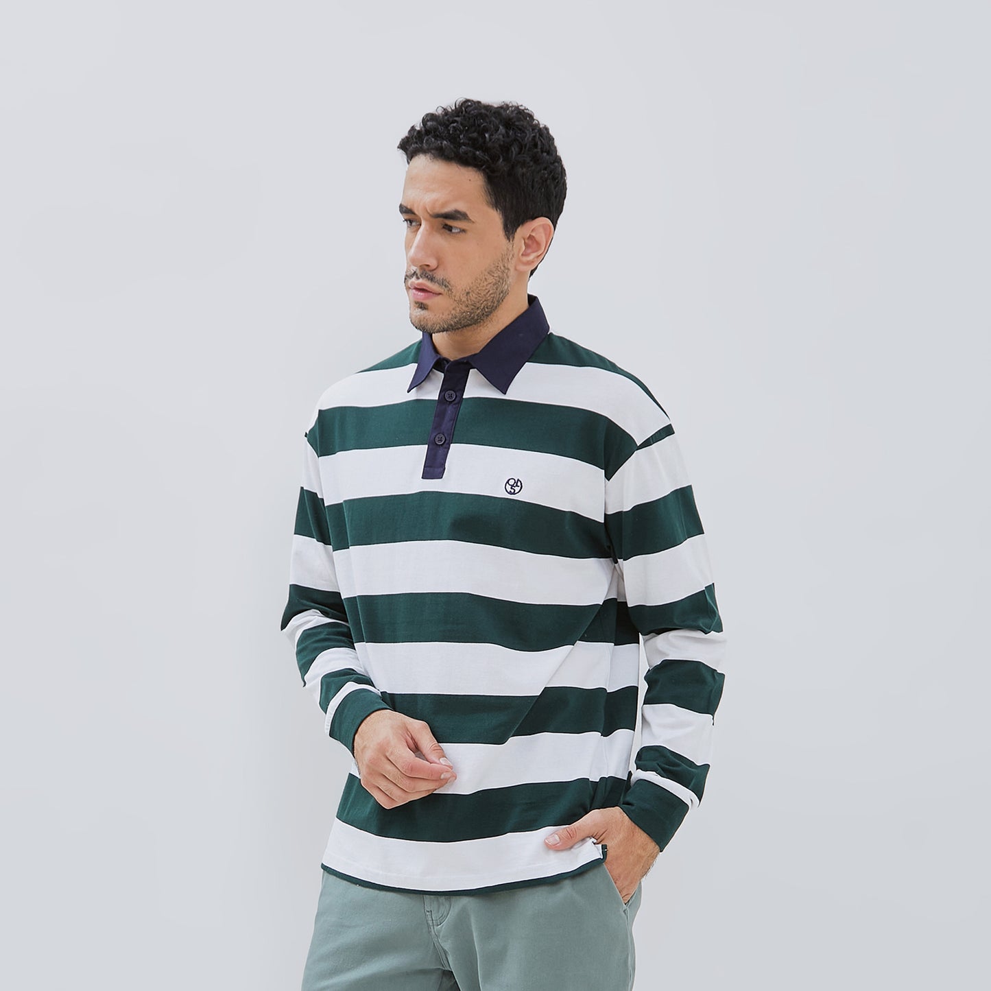 Osella Long Sleeve Polo Shirt With Contrast Collar in Bottle Green And White