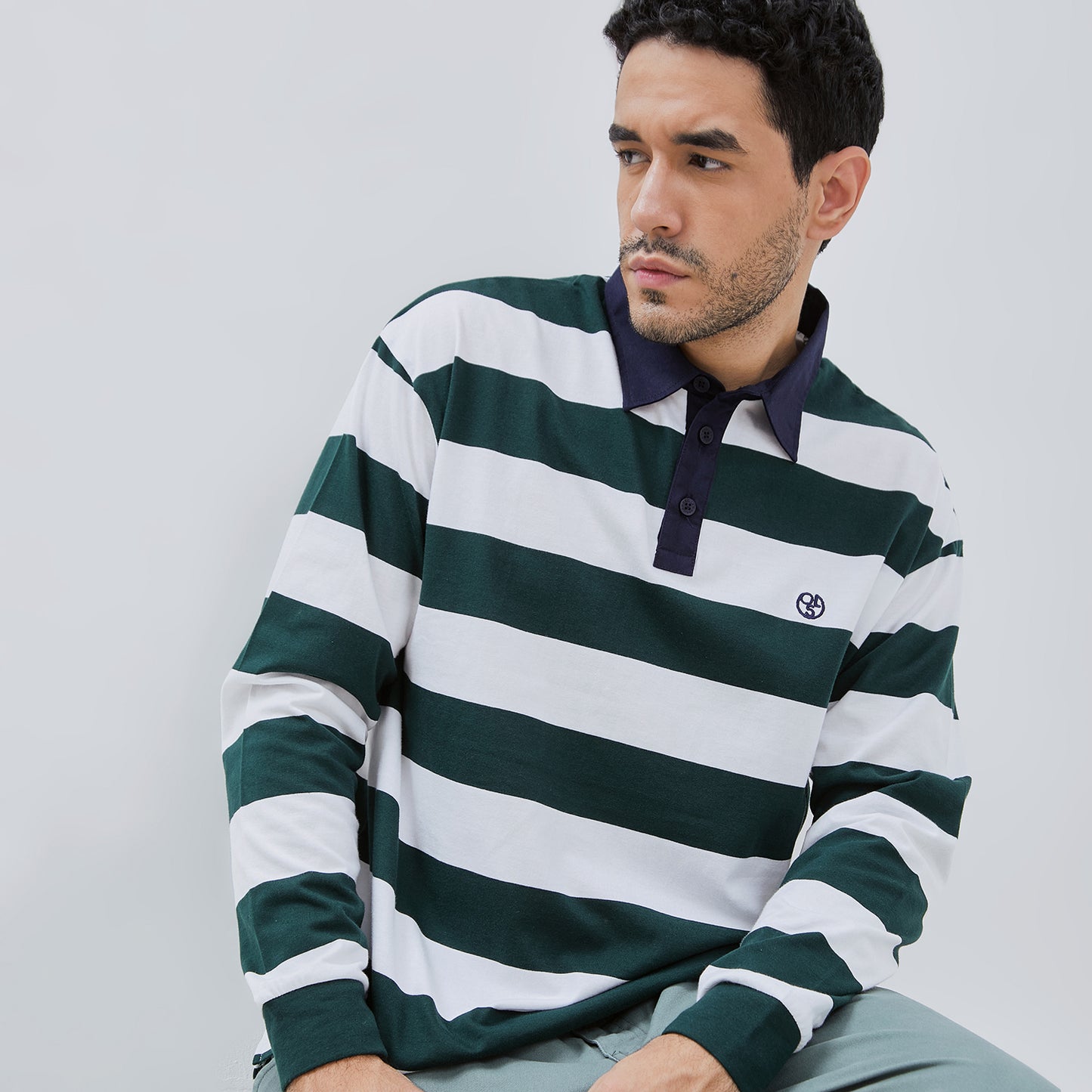 Osella Long Sleeve Polo Shirt With Contrast Collar in Bottle Green And White