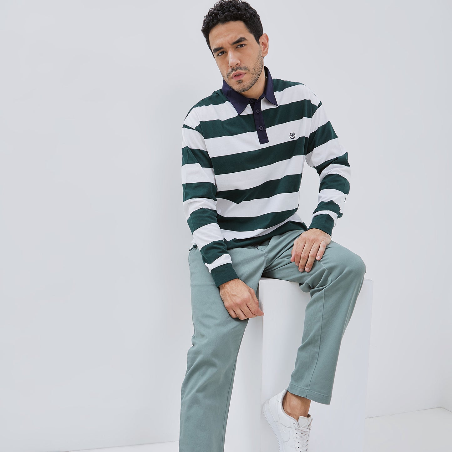 Osella Long Sleeve Polo Shirt With Contrast Collar in Bottle Green And White