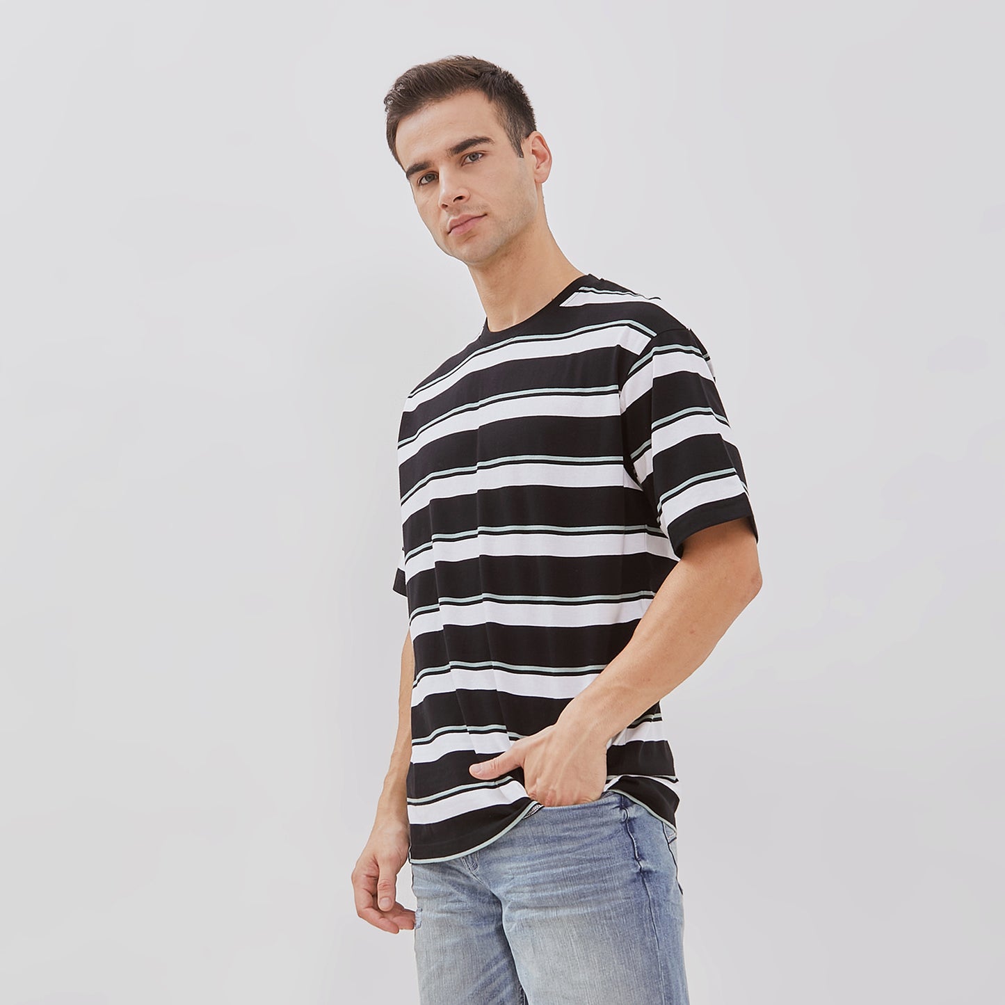 Osella Striped T-shirt In Black, Sage Green and White