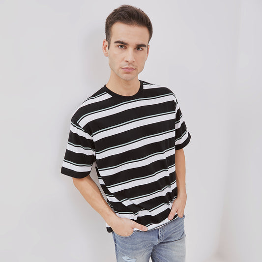 Osella Striped T-shirt In Black, Sage Green and White