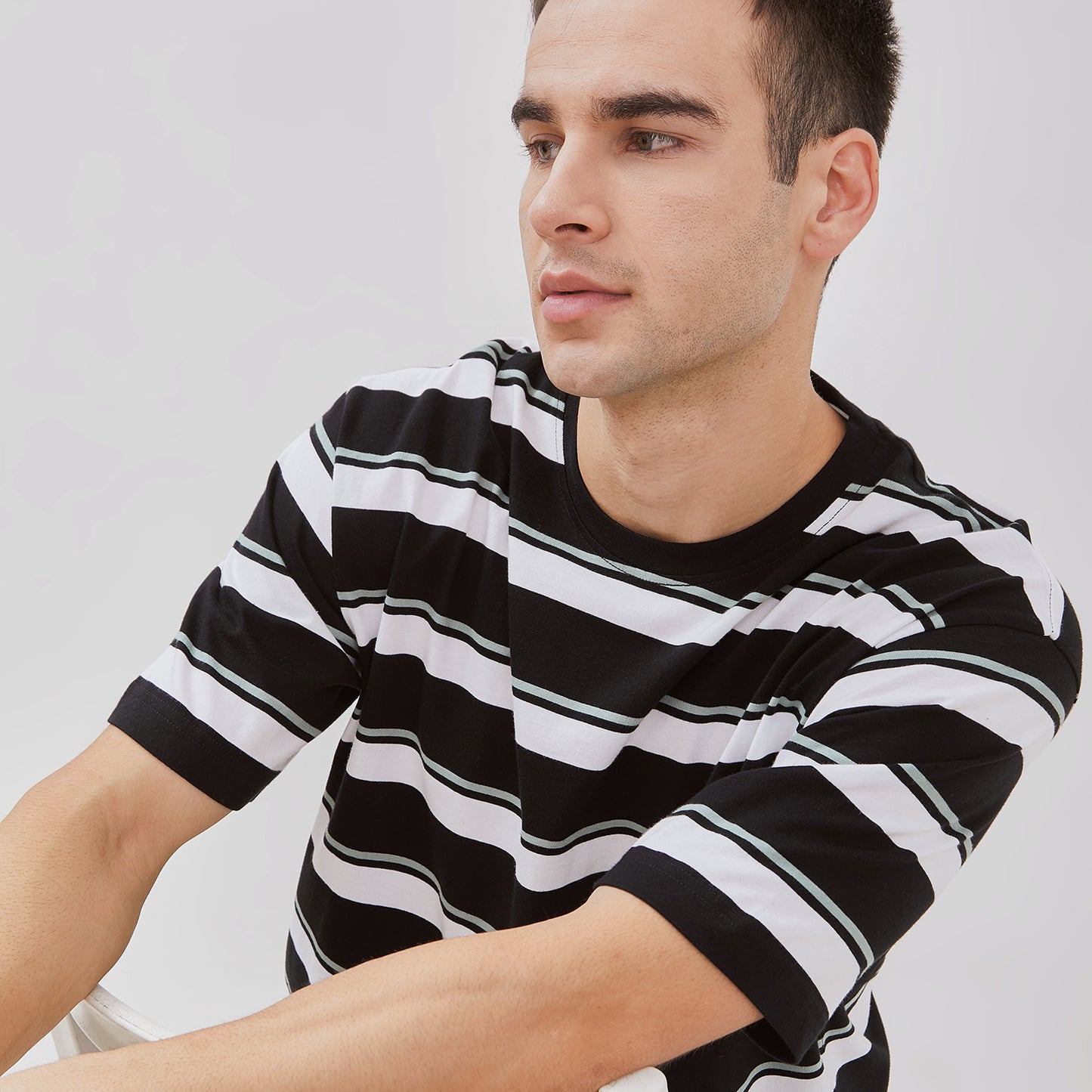 Osella Striped T-shirt In Black, Sage Green and White