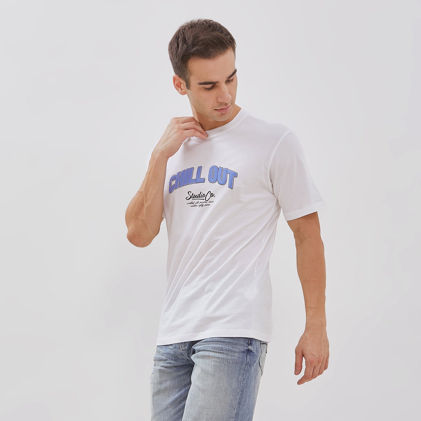 Osella Regular Fit Short Sleeve Print Application Detailing T-shirt In White